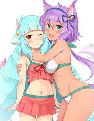 Rule 34 | 2girls, animal ears, bikini, bikini skirt, blue hair, blush, breasts, closed mouth, commentary request, delmin (show by rock!!), drill hair, fang, flower, green eyes, groin, hair flower, hair ornament, honda naoki, horns, hug, large breasts, long hair, looking at viewer, multiple girls, navel, one eye closed, open mouth, ponytail, purple hair, red bikini, red eyes, ruhuyu (show by rock!!), shiny skin, show by rock!!, simple background, small breasts, smile, standing, swimsuit, tail, white background, white bikini, wolf ears, wolf tail