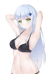 Rule 34 | 1girl, absurdres, arms behind head, black bra, blue hair, bra, breasts, clark (159123), cleavage, closed mouth, collarbone, girls&#039; frontline, green eyes, hair ornament, hairclip, hands in hair, highres, hk416 (girls&#039; frontline), light blue hair, long hair, looking at viewer, medium breasts, navel, simple background, smile, solo, underwear, upper body, white background