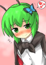 Rule 34 | 1girl, antennae, black cape, blush, butterfly, butterfly on head, cape, closed mouth, dress shirt, flying sweatdrops, gaoo (frpjx283), green eyes, green hair, heart, highres, looking at viewer, matching hair/eyes, nose blush, shirt, short hair, smile, solo, spoken heart, touhou, upper body, white shirt, wriggle nightbug