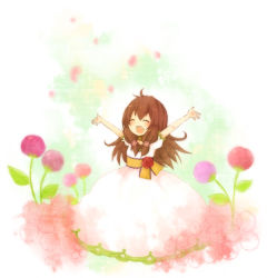 Rule 34 | 1girl, 1st-mn, :d, blush, brown hair, dress, closed eyes, flower, gown, hair flower, hair ornament, happy, long hair, open mouth, original, outstretched arms, petals, rose, smile, solo, tsubomi-chan
