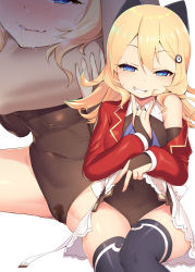 Rule 34 | 1girl, abercrombie (azur lane), asphyxiation, azur lane, blonde hair, blue eyes, blush, breasts, choke hold, covered erect nipples, disembodied limb, hair ornament, hair ribbon, hairclip, highres, medium hair, multiple views, naughty face, navel, pussy juice stain, ribbon, saliva, satou kuuki, shirt, small breasts, solo focus, strangling, thighhighs, wet spot