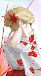 Rule 34 | 1girl, absurdres, alternate costume, blonde hair, brown eyes, closed mouth, commentary, english commentary, eyelashes, floral print, flower, from behind, hair flower, hair ornament, highres, japanese clothes, kimono, kiss-shot acerola-orion heart-under-blade, kizumonogatari, lips, long sleeves, looking to the side, monogatari (series), obi, oshino shinobu, red sash, sash, solo, tabulagami, upper body, white kimono, wide sleeves