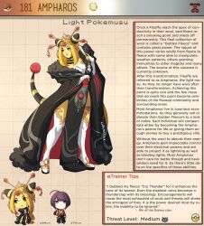 Rule 34 | 1boy, absurdly long hair, ampharos, artist name, black hair, blonde hair, breasts, brown background, character name, character profile, colored skin, commentary, creatures (company), english commentary, english text, forehead jewel, game freak, gen 2 pokemon, hair intakes, hair up, hand fan, highres, kinkymation, large breasts, legs apart, long hair, nintendo, orange eyes, paper fan, personification, poke ball, poke ball (basic), pokemon, pokemon ears, pokemon tail, tail, thighhighs, very long hair, white skin, white thighhighs, yellow skin