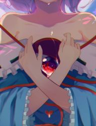 Rule 34 | 1girl, backlighting, bad id, bad twitter id, bare shoulders, blouse, blue shirt, chromatic aberration, close-up, clothes pull, collarbone, frilled shirt, frills, head out of frame, holding, igayan, komeiji satori, long sleeves, looking at viewer, off shoulder, red eyes, ribbon-trimmed collar, ribbon trim, shirt, shirt pull, solo, teardrop, tearing up, third eye, touhou
