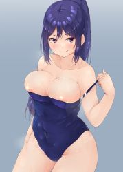 Rule 34 | 1girl, absurdres, areola slip, blue background, blue hair, blue one-piece swimsuit, breasts, cleavage, closed mouth, collarbone, covered navel, hair between eyes, highres, large breasts, licking lips, long hair, looking at viewer, love live!, love live! sunshine!!, matsuura kanan, one-piece swimsuit, plump, ponytail, purple eyes, shinonon (iso shino), sidelocks, simple background, smile, solo, standing, swimsuit, taut clothes, taut swimsuit, thighs, tongue, tongue out