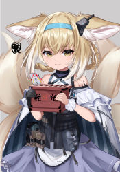 Rule 34 | 1girl, absurdres, animal ear fluff, animal ears, apron, arknights, bare shoulders, black gloves, blonde hair, blouse, blue hairband, braid, braided hair rings, brown eyes, closed mouth, commentary request, fox ears, fox girl, fox tail, frilled skirt, frills, gloves, grey background, hair between eyes, hair rings, hairband, highres, holding, infection monitor (arknights), kitsune, material growth, multicolored hair, oripathy lesion (arknights), penguin4, purple skirt, shirt, simple background, single glove, single wrist cuff, skirt, smile, solo, squiggle, suzuran (arknights), tail, translation request, twin braids, two-tone hair, waist apron, white apron, white hair, white shirt, wrist cuffs