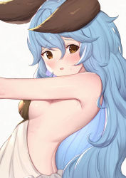Rule 34 | 1girl, animal ears, armpits, bare shoulders, blue hair, blush, breasts, brown eyes, commentary request, dress, erune, ferry (granblue fantasy), from side, granblue fantasy, hair between eyes, highres, long hair, looking at viewer, looking to the side, medium breasts, parted lips, simple background, sleeveless, sleeveless dress, solo, sweat, uneg, upper body, very long hair, wavy mouth, white background, white dress