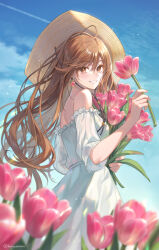 Rule 34 | 1girl, bare shoulders, blue sky, blurry, blurry foreground, bouquet, breasts, brown eyes, brown hair, chin strap, cloud, commentary, contrail, cowboy shot, day, dress, earrings, english commentary, floating hair, flower, flower earrings, frilled dress, frills, from side, hagiwara rin, hair between eyes, hat, highres, holding, holding bouquet, holding flower, jewelry, long hair, looking at viewer, looking to the side, off-shoulder dress, off shoulder, original, outdoors, parted lips, pink flower, short sleeves, sky, small breasts, smile, solo, standing, straw hat, sun hat, tulip, twitter username, very long hair, white dress