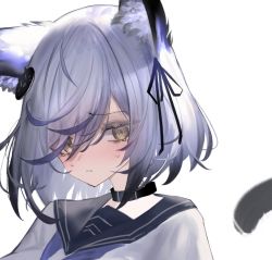 1girl :| @_@ animal_ear_fluff animal_ears belt_collar black_hair black_ribbon blue_hair blue_neckerchief blush closed_mouth collar collared_shirt commentary_request embarrassed eyes_visible_through_hair grey_hair hair_between_eyes hair_ribbon inumata_ichini looking_at_viewer multicolored_hair neckerchief original portrait ribbon sailor_collar school_uniform serafuku shirt short_hair simple_background solo sweat tail teardrop upper_body white_background white_shirt yellow_eyes