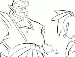 2boys 9ta500 animated battle boots clenched_teeth dragon_ball dragon_ball_super earrings fighting fighting_stance greyscale jewelry kibito long_hair long_sleeves looking_at_another mohawk monochrome multiple_boys pants pointy_ears potara_earrings punching sash shirt short_hair sketch tagme teeth video zamasu