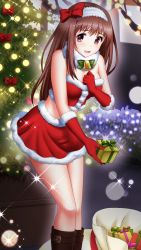 Rule 34 | 1girl, boots, bow, box, breasts, brown footwear, brown hair, christmas, christmas tree, cleavage, crop top, doukyuusei another world, elbow gloves, fur-trimmed gloves, fur-trimmed skirt, fur trim, game cg, gift, gift bag, gift box, gloves, green bow, hair bow, hairband, holding, holding box, kakyuusei, knee boots, leaning forward, lens flare, long hair, medium breasts, midriff, miniskirt, official art, red bow, red eyes, red gloves, red skirt, santa costume, skirt, solo, sparkle, standing, stomach, straight hair, strapless, very long hair, white hairband, yuuki mizuho