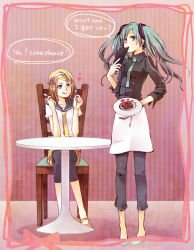 Rule 34 | :d, apron, aqua eyes, aqua hair, cake, english text, flower, food, fork, hair flower, hair ornament, hairband, hairclip, hatsune miku, heart, ichinashi, kagamine rin, necktie, open mouth, pastry, plate, short hair, sitting, sleeves pushed up, smile, spoon, tongue, twintails, vocaloid