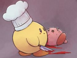 Rule 34 | 0 0, bags under eyes, bleeding, blood, blood from mouth, bloody weapon, blush stickers, boke-chan, chef hat, closed mouth, crying, from behind, full body, guro, happy, hat, holding, holding knife, holding weapon, injury, kirby, kirby (series), kitchen knife, knife, looking at viewer, looking back, lying, murder, nintendo, no humans, on back, open mouth, puddle, purple background, purple eyes, simple background, smile, standing, sweat, tears, trembling, weapon, white eyes, white headwear