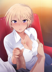 Rule 34 | 1boy, 1girl, blonde hair, blue skirt, blush, grabbing another&#039;s breast, breasts, censored, cleavage, clothed sex, couch, earrings, embarrassed, erection, fingernails, grabbing, groping, handjob, heart, heart necklace, heart pendant, hetero, highres, indoors, jewelry, kaiga, large breasts, long fingernails, looking at viewer, mosaic censoring, necklace, nose blush, open fly, open mouth, original, pants, pendant, penis, penis grab, pov, purple eyes, shirt, short hair, sitting, skirt, solo focus, star (symbol), star earrings, white shirt