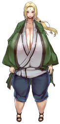 Rule 34 | 1girl, blonde hair, breasts, brown eyes, cleavage, facial mark, forehead mark, gigantic breasts, haori, japanese clothes, long hair, looking at viewer, low twintails, naruto, naruto (series), nipples, seinto (metameter), simple background, smile, solo, standing, tsunade (naruto), twintails, veins, veiny breasts, white background
