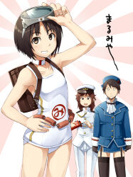 Rule 34 | 1boy, 2girls, :d, :|, adjusting goggles, amagami, armpits, arms at sides, ascot, bare shoulders, beret, black gloves, black hair, black thighhighs, blue headwear, blue jacket, blue skirt, blush, bob cut, box, breasts, briefcase, brown bag, brown eyes, brown hair, character name, choker, closed mouth, collarbone, commentary, cosplay, crossdressing, diving mask, diving mask on head, feet out of frame, female admiral (kancolle), female admiral (kancolle) (cosplay), food, garter straps, gloves, goggles, goggles on head, grin, hand on own hip, hand to head, hat, holding, holding box, holding food, holding pocky, jacket, jitome, kantai collection, long sleeves, looking at another, looking at viewer, maru-yu (kancolle), maru-yu (kancolle) (cosplay), medium hair, messy hair, military uniform, multiple girls, nameplay, naval uniform, old school swimsuit, one-piece swimsuit, open mouth, pants, parted lips, peaked cap, pocky, rising sun flag, sakura (medilore), sakurai rihoko, school briefcase, school swimsuit, short hair, single vertical stripe, skirt, small breasts, smile, solo focus, standing, sunburst, sweatdrop, swimsuit, tachibana jun&#039;ichi, tachibana miya, takao (kancolle), takao (kancolle) (cosplay), thighhighs, uniform, white ascot, white choker, white headwear, white jacket, white one-piece swimsuit, white pants, zettai ryouiki