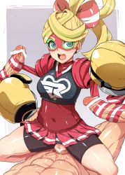 Rule 34 | 1girl, arms (game), bike shorts, blonde hair, boxing gloves, censored, clothed female nude male, crotch cutout, denki showgun, double handjob, earrings, erection, handjob, heart, heart censor, highres, jewelry, mask, multiple penises, nintendo, nude, out of frame, penis, penis ribbon, pussy, ribbon, ribbon girl (arms), sex, shorts, shorts under skirt, solo focus, spread legs, sweat, vaginal
