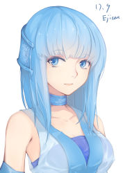 Rule 34 | 1girl, artist name, bare shoulders, blue eyes, blue hair, blush, breasts, character request, closed mouth, collarbone, copyright request, dated, ejieaa, highres, looking at viewer, medium breasts, solo, upper body, xianjian qixia zhuan