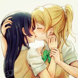 Rule 34 | 10s, 2girls, ayase eli, blonde hair, blue hair, blush, bow, bowtie, closed eyes, hand grab, hand on another&#039;s head, hand on another&#039;s shoulder, kiss, kissing cheek, lilylion26, long hair, love live!, love live! school idol project, multiple girls, ponytail, school uniform, scrunchie, short sleeves, signature, sonoda umi, sweater vest, upper body, white background, yuri