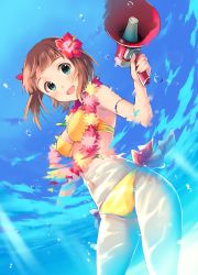 Rule 34 | 1girl, :d, amami haruka, bare shoulders, bikini, blush, breasts, brown hair, flower, flower necklace, from below, green eyes, hair flower, hair ornament, hibiscus, idolmaster, idolmaster (classic), jewelry, lei, looking at viewer, looking down, megaphone, navel, necklace, open mouth, short hair, side-tie bikini bottom, smile, solo, swimsuit, tousaki umiko, wading, water, yellow bikini