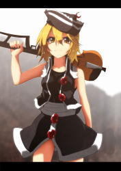 Rule 34 | &gt;:(, 1girl, adapted costume, bare shoulders, black hat, black jacket, black shirt, black skirt, blonde hair, commando (movie), commentary request, crop top, frown, hair between eyes, hat, highres, instrument, jacket, kanameya, letterboxed, looking at viewer, lunasa prismriver, serious, shaded face, shirt, short hair, skirt, sleeveless, sleeveless blazer, sleeveless shirt, solo, touhou, v-shaped eyebrows, violin, yellow eyes