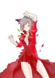 Rule 34 | 1girl, breasts, caladrius, center opening, cleavage, dress, grey hair, milia marivene, official art, red dress, red eyes, ribbon, simple background, skirt, solo, torn clothes, torn dress, torn skirt, yasuda suzuhito
