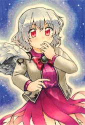 Rule 34 | 1girl, bird wings, bow, bowtie, braid, breasts, collared dress, commentary request, covered mouth, covering own mouth, dress, feathered wings, french braid, grey hair, grey jacket, hand over own mouth, highres, jacket, kishin sagume, maa (forsythia1729), marker (medium), medium breasts, purple dress, red bow, red bowtie, red eyes, short hair, single wing, touhou, traditional media, white wings, wings