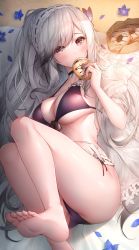 Rule 34 | 1girl, ass, azur lane, barefoot, beach towel, bikini, blue butterfly, blue flower, blue gemstone, blush, breasts, bug, butterfly, choker, covered mouth, doughnut, dunkerque (azur lane), dunkerque (summer sucre) (azur lane), eating, flower, food, foot out of frame, frilled bikini, frills, gem, grey hair, hairband, highres, holding, holding food, insect, large breasts, long hair, lying, on back, oyuwari, petals, red eyes, sand, solo, swimsuit, swimsuit cover-up, thighs, towel