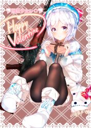 Rule 34 | .live, 1girl, antenna hair, black pantyhose, blue eyes, blush, box, box of chocolates, commentary request, full body, gift, gift box, happy valentine, heart, highres, holding, holding gift, long sleeves, looking at viewer, pantyhose, ribbon, sakusyo, short hair, silver hair, dennou shoujo siro, smile, solo, valentine, virtual youtuber