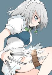Rule 34 | 1girl, apron, between fingers, blue background, blue dress, blue eyes, bow, braid, closed mouth, commentary, diffraction spikes, dress, from side, green bow, hair bow, highres, holding, holding knife, hoshikawa (hoshikawa gusuku), izayoi sakuya, knife, light smile, maid, maid apron, maid headdress, medium hair, puffy short sleeves, puffy sleeves, short dress, short sleeves, sidelocks, silver hair, simple background, solo, thigh strap, throwing knife, touhou, twin braids, waist apron, weapon