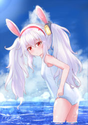 Rule 34 | 1girl, animal ears, ass, azur lane, bad id, bad pixiv id, bare shoulders, blue sky, blush, breasts, cloud, day, fake animal ears, hair between eyes, hair ornament, hairband, laffey (azur lane), long hair, looking at viewer, m ko (maxft2), ocean, old school swimsuit, one-piece swimsuit, open mouth, rabbit ears, red eyes, school swimsuit, silver hair, sky, small breasts, solo, swimsuit, thighs, twintails, very long hair, white one-piece swimsuit, white school swimsuit
