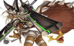 Rule 34 | 1girl, arc system works, ass, belt bra, breasts, cape, cloak, clover, creature, dark-skinned female, dark skin, expressionless, extra mouth, familiar, four-leaf clover, from behind, guilty gear, guilty gear xrd, hat, huge weapon, long hair, looking at viewer, looking back, orange eyes, oro (sumakaita), platinum blonde hair, ramlethal valentine, shiny skin, short shorts, shorts, sideboob, silver hair, skindentation, solo, sword, thigh strap, underboob, weapon, white background