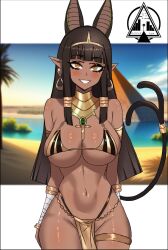 Rule 34 | 1girl, animal ears, arm strap, arms at sides, artist logo, bare shoulders, bikini, black bikini, black eyeshadow, blurry, blurry background, blush, border, bracelet, breasts, brown hair, cat ears, cat girl, cat tail, collar, cowboy shot, dark-skinned female, dark skin, detached collar, dizzle, dot nose, earrings, egyptian, egyptian clothes, extra ears, eyebrows, eyelashes, eyeshadow, female focus, gold bikini, grin, huge breasts, jewelry, loincloth, long hair, looking at viewer, makeup, micro bikini, navel, necklace, original, photo background, pointy ears, sidelocks, smile, solo, standing, swimsuit, tail, tail ornament, teeth, two-tone bikini, white border, wide hips, yellow eyes