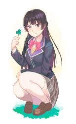 Rule 34 | 1girl, blazer, blush, brown footwear, clover, hair ornament, highres, jacket, loafers, looking at another, neck ribbon, nijisanji, pink ribbon, plaid, plaid skirt, purple eyes, purple hair, ribbon, school uniform, shoes, skirt, solo, squatting, thighhighs, tsukino mito, tsukino mito (1st costume), vest, virtual youtuber, white thighhighs, x hair ornament, yellow vest, yuuji (and)
