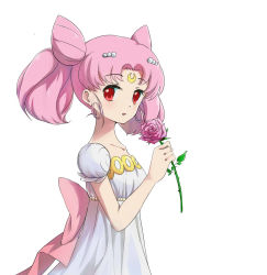 Rule 34 | 1girl, artist request, bishoujo senshi sailor moon, chibi usa, crescent, double bun, dress, facial mark, forehead mark, hair bun, highres, long hair, looking at viewer, pink eyes, pink hair, small lady serenity, standing, twintails