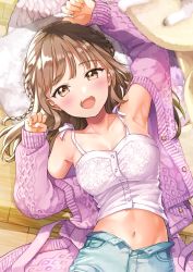 Rule 34 | 1girl, :d, absurdres, arm up, armpits, bare shoulders, blouse, blue shorts, braid, breasts, brown eyes, brown hair, camisole, close-up, crop top, denim, denim shorts, hand up, highres, jacket, long hair, long sleeves, looking at viewer, matsuzaki miyuki, medium breasts, midriff, navel, off shoulder, open clothes, open fly, open jacket, open mouth, original, pink jacket, shirt, shorts, sleeveless, sleeveless shirt, smile, solo, spaghetti strap, stomach, upper body, white shirt, wooden floor