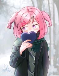 Rule 34 | 1girl, artist name, averting eyes, blush, box, box of chocolates, breasts, chocolate, coat, covering own mouth, dated, doki doki literature club, embarrassed, eyelashes, food, furrowed brow, green coat, green scarf, green sweater, hair ribbon, head tilt, heart-shaped box, highres, holding, holding box, holding chocolate, holding food, incoming gift, leguma, looking to the side, natsuki (doki doki literature club), nervous, outdoors, pink eyes, pink hair, pink ribbon, ribbon, scarf, short hair, signature, small breasts, solo, standing, sweatdrop, sweater, swept bangs, tree, two side up, upper body, valentine, winter, winter clothes