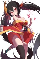 Rule 34 | 1girl, ahoge, azur lane, bare shoulders, black hair, black thighhighs, blush, breasts, bright pupils, collarbone, grin, hair between eyes, heart, heart-shaped pupils, heart ahoge, highres, holding, holding clothes, holding skirt, japanese clothes, jilu, kimono, long hair, looking at viewer, mask, mask on head, medium breasts, obi, off shoulder, red eyes, red kimono, sash, single thighhigh, skirt, small breasts, smile, solo, symbol-shaped pupils, taihou-chan (azur lane), tassel, thighhighs, thighs, twintails, very long hair, white background, white pupils
