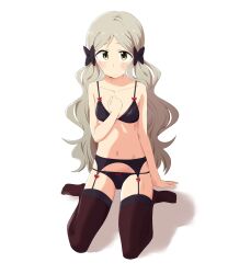 1girl armpits bare_arms bare_shoulders billbung black_bow black_bra black_garter_belt black_panties black_ribbon black_thighhighs blush bow bow_bra bow_panties bra closed_mouth dot_nose fluffy_hair from_below full_body garter_belt grey_hair groin hair_bow hair_ribbon hand_on_ground hand_on_own_chest handa_roco highres idolmaster idolmaster_million_live! idolmaster_million_live!_theater_days long_hair looking_at_viewer looking_up navel panties parted_bangs red_bow red_ribbon ribbon ribbon_bra ribbon_panties shadow shy simple_background sitting solo thighhighs twintails underwear very_long_hair wariza wavy_hair white_background yellow_eyes