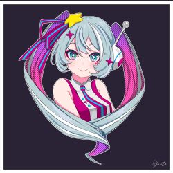 Rule 34 | + +, 1girl, 39, absurdres, blue eyes, breasts, closed mouth, collared shirt, commentary request, cropped torso, eyebrows hidden by hair, greyscale, hair between eyes, hair ornament, hatsune miku, highres, long hair, looking at viewer, magical mirai (vocaloid), magical mirai miku, magical mirai miku (2022), medium breasts, monochrome, multicolored hair, pink hair, purple hair, purple shirt, shirt, signature, sleeveless, sleeveless shirt, smile, solo, star (symbol), star hair ornament, streaked hair, upper body, very long hair, vocaloid, white hair, yuuta (yuuta0312)
