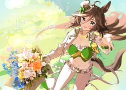 Rule 34 | 1girl, :d, ahoge, animal ears, blue eyes, bouquet, brown hair, choker, commentary request, crop top, flower, grass, green shirt, happy birthday, hat, horse ears, jacket, long hair, looking at viewer, midriff, mini hat, mini top hat, misu kasumi, mr. c.b. (umamusume), navel, open clothes, open jacket, open mouth, orange flower, orange rose, pants, rose, shirt, smile, solo, standing, stomach, strapless, strapless shirt, top hat, umamusume, very long hair, white hat, white jacket, white pants, yellow choker