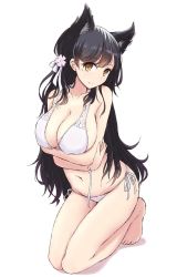Rule 34 | 1girl, animal ears, atago (azur lane), atago (summer march) (azur lane), azur lane, bikini, black hair, blush, breast hold, breasts, cleavage, closed mouth, collarbone, flower, full body, hair flower, hair ornament, highres, kneeling, large breasts, long hair, looking at viewer, mel (melty pot), mole, mole under eye, navel, simple background, smile, solo, stomach, swept bangs, swimsuit, very long hair, white background, white bikini, yellow eyes