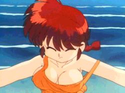 Rule 34 | 1girl, animated, animated gif, bouncing breasts, braid, breasts, cleavage, gender request, genderswap, happy, large breasts, long hair, looking at viewer, lowres, no bra, ocean, off shoulder, outdoors, ranma-chan, ranma 1/2, red hair, saotome ranma, screencap, single braid, smile, solo, strap slip, tank top, upper body, water, waves