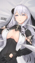 Rule 34 | 1girl, ahoge, algerie (azur lane), algerie (meta) (azur lane), azur lane, black dress, black flower, black gloves, breast curtains, breasts, closed mouth, cross, dress, drill hair, earrings, ex saki, flower, gloves, hair between eyes, hair flower, hair ornament, highres, jewelry, large breasts, long hair, long sleeves, looking at viewer, lying, mole, mole under eye, on back, on bed, purple eyes, signature, single earring, solo, triangle earrings, twin drills, veil, white hair