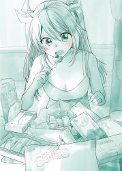 Rule 34 | 1girl, aqua theme, bare arms, bare shoulders, blue theme, blush, breasts, camisole, cleavage, commentary request, eating, food, food request, fork, highres, holding, holding fork, jewelry, kantai collection, leaning forward, long hair, medium breasts, monochrome, open mouth, ring, solo, spot color, tone (kancolle), twintails, wedding band, yami (m31)