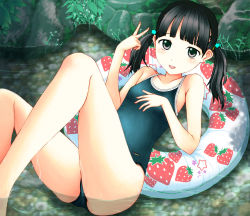 Rule 34 | 1girl, black hair, brown eyes, competition school swimsuit, flat chest, food, food print, fruit, hair ornament, innertube, long hair, neuron (exceed), one-piece swimsuit, original, partially submerged, school swimsuit, solo, star (symbol), star hair ornament, strawberry, strawberry print, swim ring, swimsuit, twintails, v, water