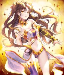 Rule 34 | 1girl, bare shoulders, black hair, blush, breasts, commentary request, crown, earrings, fate/grand order, fate (series), hair ribbon, hoop earrings, ishtar (fate), ishtar (fate), jewelry, long hair, looking at viewer, medium breasts, navel, orange eyes, ribbon, single thighhigh, smile, solo, sora 72-iro, thighhighs, tohsaka rin, tongue, tongue out, tsurime, two side up