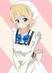 Rule 34 | 10s, 1girl, apron, bad id, bad pixiv id, bandana, blonde hair, blue bow, blue eyes, bow, braid, brooch, closed mouth, commentary, darjeeling (girls und panzer), diagonal stripes, dress, frilled shirt, frills, girls und panzer, jewelry, kohakope, long sleeves, looking at viewer, maid apron, pink background, shirt, short hair, smile, solo, standing, striped, striped background, twin braids, upper body, v arms, white apron, white dress