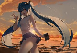 Rule 34 | 1girl, :d, backlighting, bad id, bad pixiv id, bare arms, bare shoulders, beach, blue hair, blue skirt, cloud, cowboy shot, crop top, crop top overhang, dungeon and fighter, floating hair, hair ribbon, hand up, highres, holding, long hair, looking at viewer, maemi (maemi12), midriff, miniskirt, navel, neckerchief, ocean, open mouth, outdoors, pleated skirt, red eyes, ribbon, sailor collar, school uniform, serafuku, shirt, side-tie peek, skirt, sleeveless, sleeveless shirt, smile, solo, sunlight, sunset, thighs, twintails, very long hair, w, water, white shirt