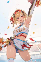 Rule 34 | 1girl, alternate costume, arm behind back, arm up, armpits, bare shoulders, blonde hair, blue panties, braid, breasts, cheerleader, commentary, confetti, contrapposto, covered erect nipples, cowboy shot, crop top, detached sleeves, english commentary, eyewear on head, from below, hairband, highres, holding, holding pom poms, hololive, hololive indonesia, kaela kovalskia, medium breasts, medium hair, midriff, miniskirt, navel, outdoors, panties, pantyshot, pleated skirt, pom pom (cheerleading), pom poms, popo (popo0cat), red eyes, ribs, side braid, skirt, solo, stadium, standing, thighhighs, tinted eyewear, underwear, virtual youtuber, zettai ryouiki